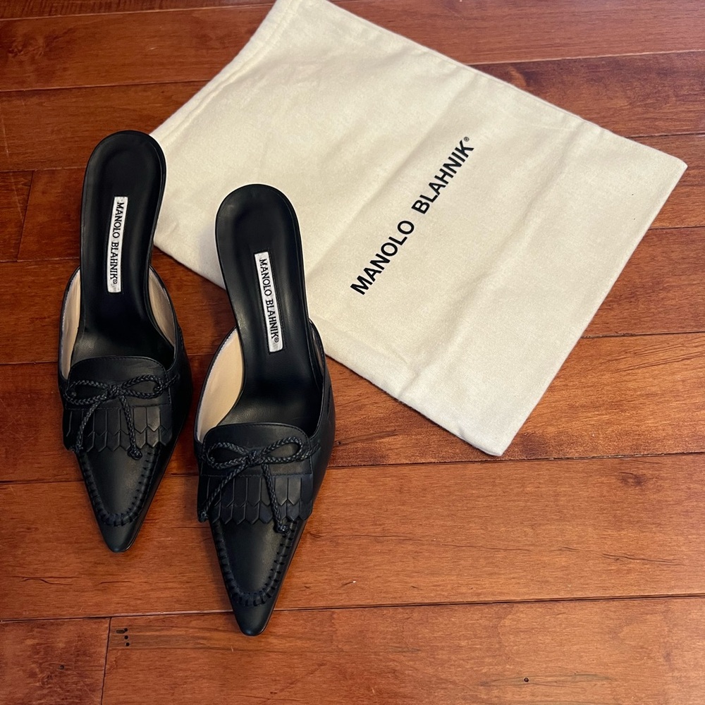 Manolo Blahnik Black Leather Fringe Mules